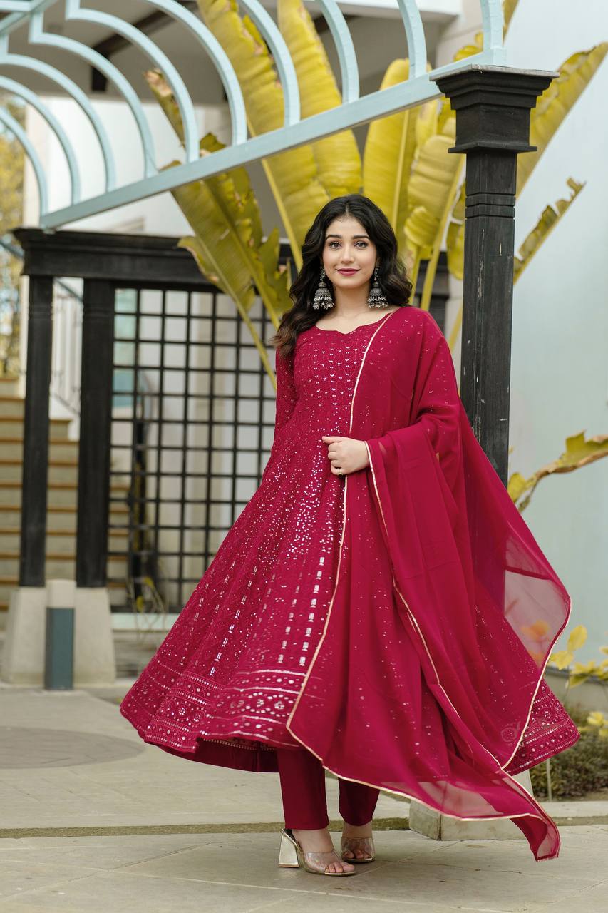 PREMIUM MAROON READYMADE KALI-CUT ANARKALI SUIT SET TD-6013