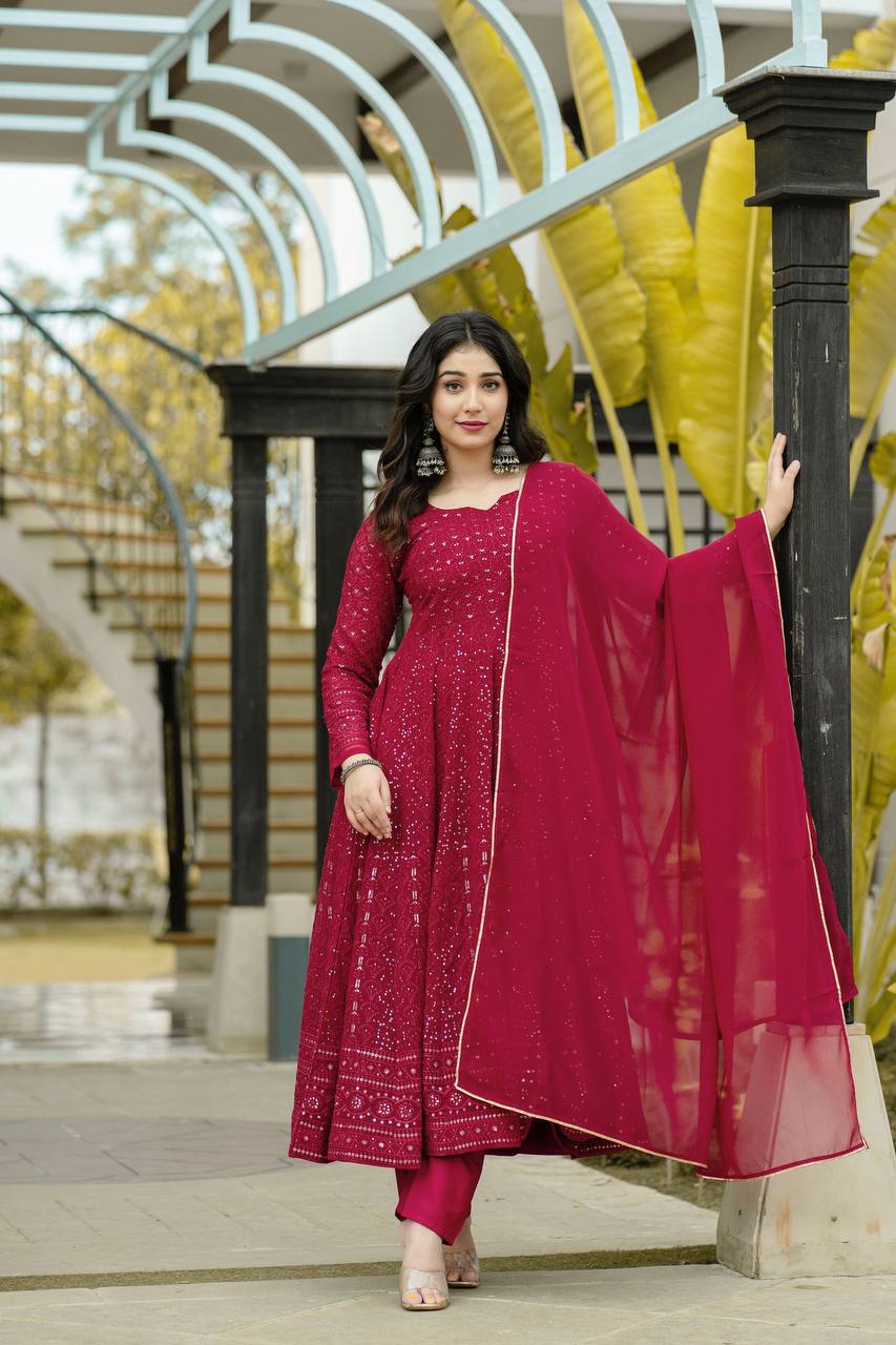 PREMIUM MAROON READYMADE KALI-CUT ANARKALI SUIT SET TD-6013