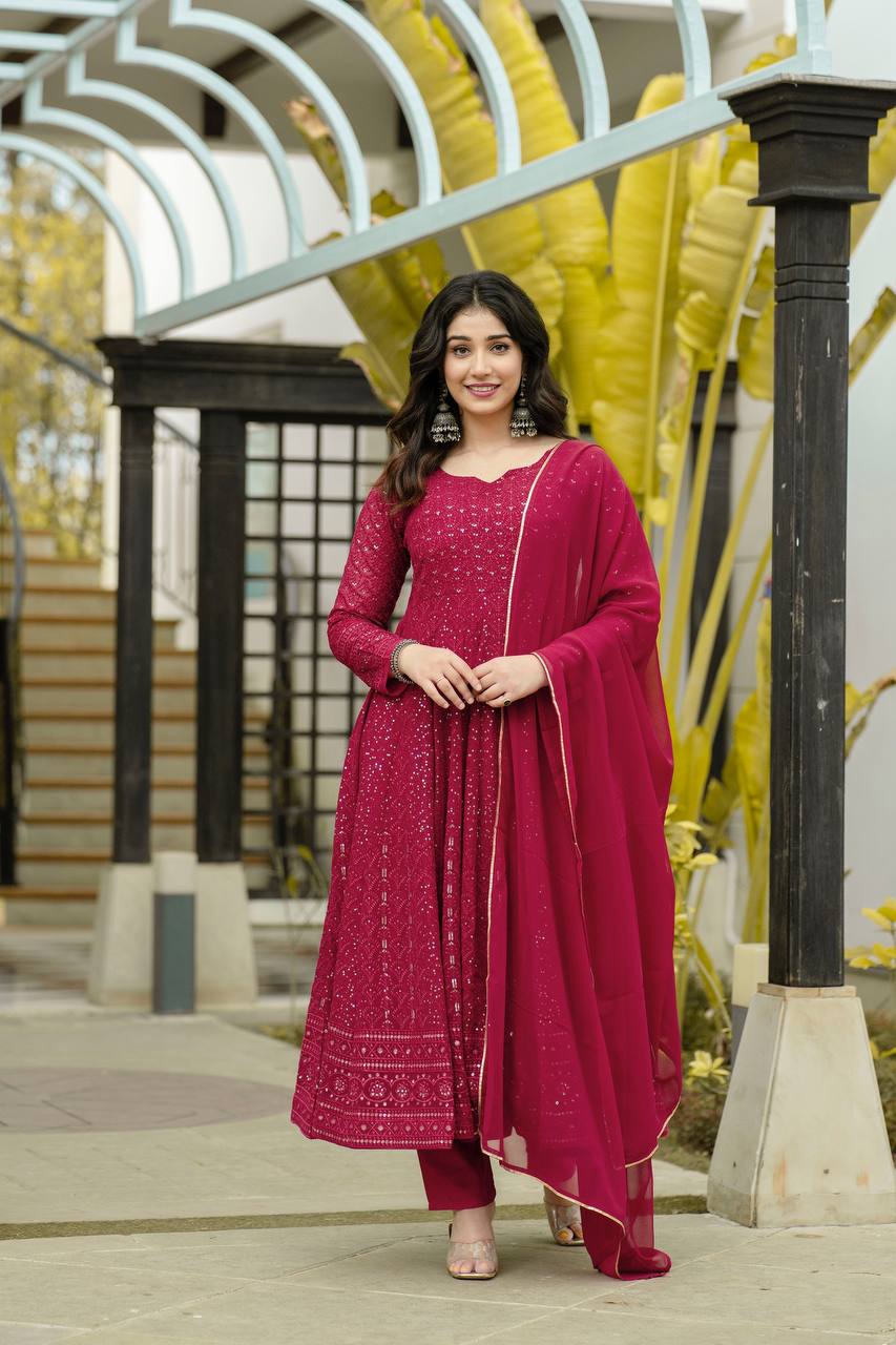 PREMIUM MAROON READYMADE KALI-CUT ANARKALI SUIT SET TD-6013