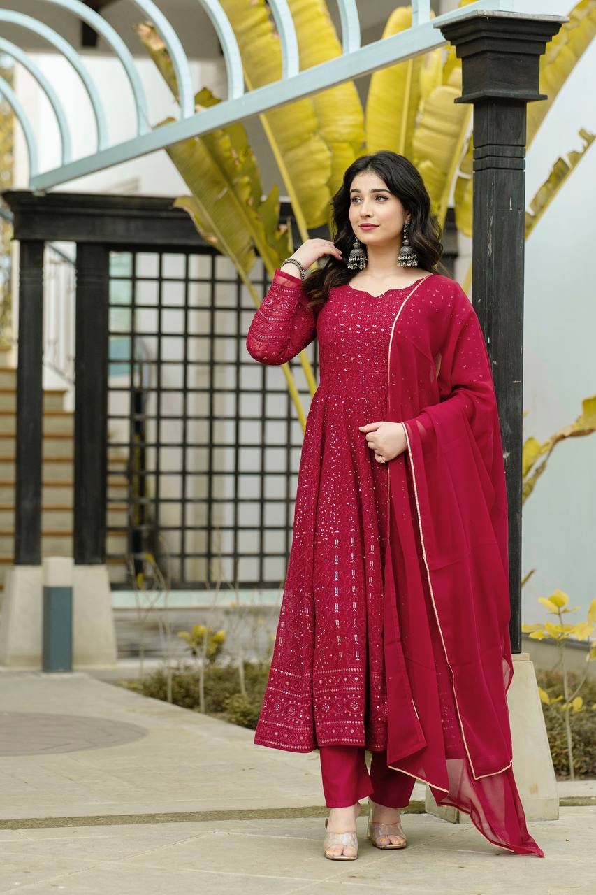 PREMIUM MAROON READYMADE KALI-CUT ANARKALI SUIT SET TD-6013