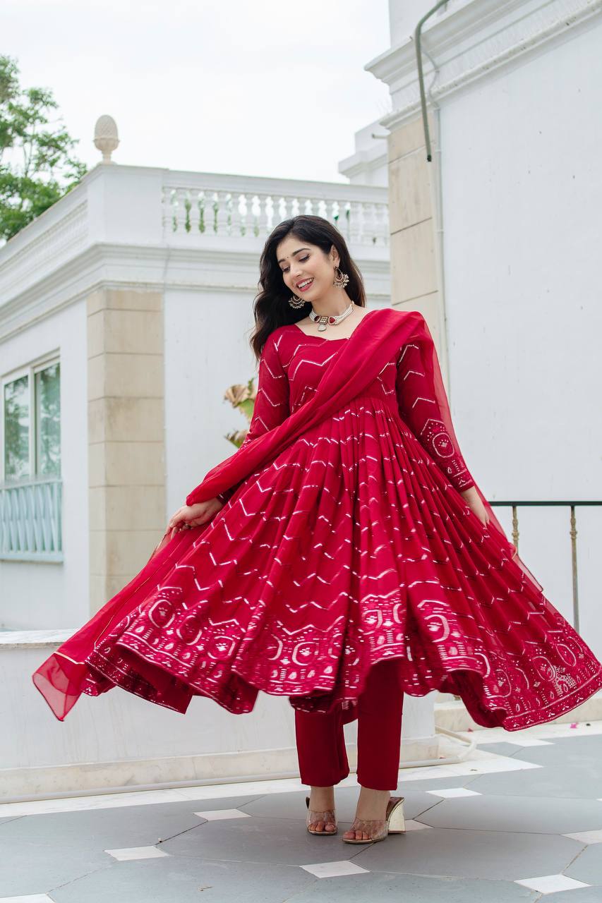 RED PREMIUM READYMADE ANARKALI SUIT SET TD-6016