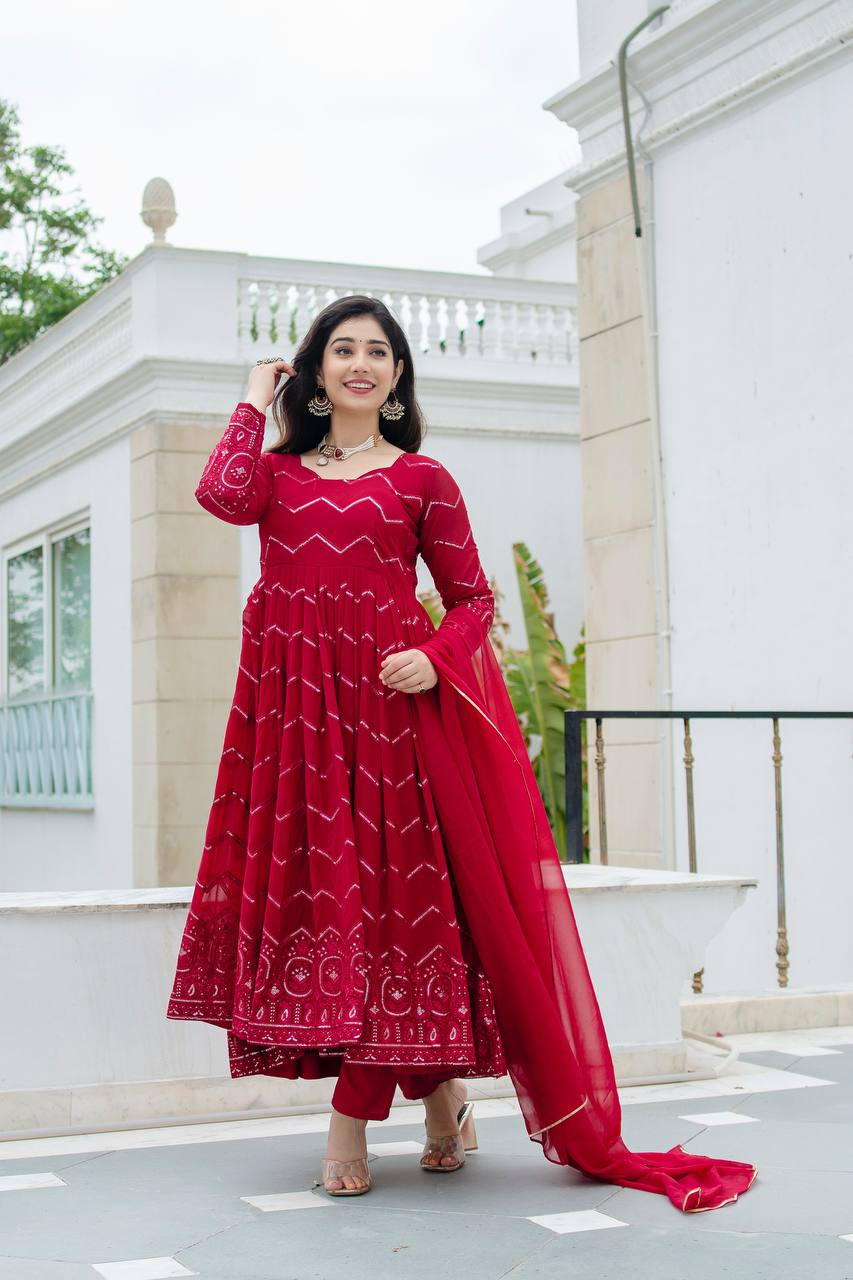 RED PREMIUM READYMADE ANARKALI SUIT SET TD-6016