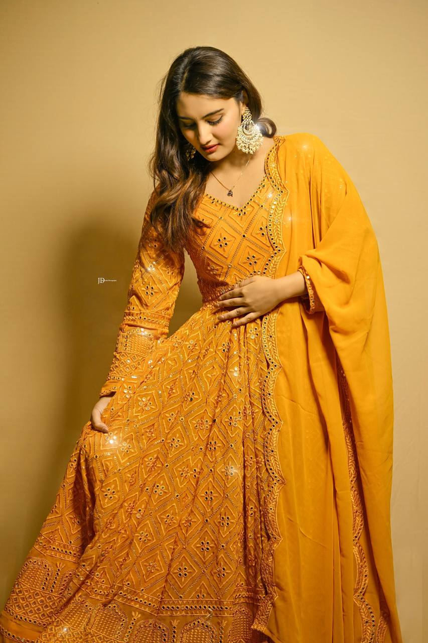 PREMIUM MUSTERD YELLOW READYMADE ANARKALI SUIT SET