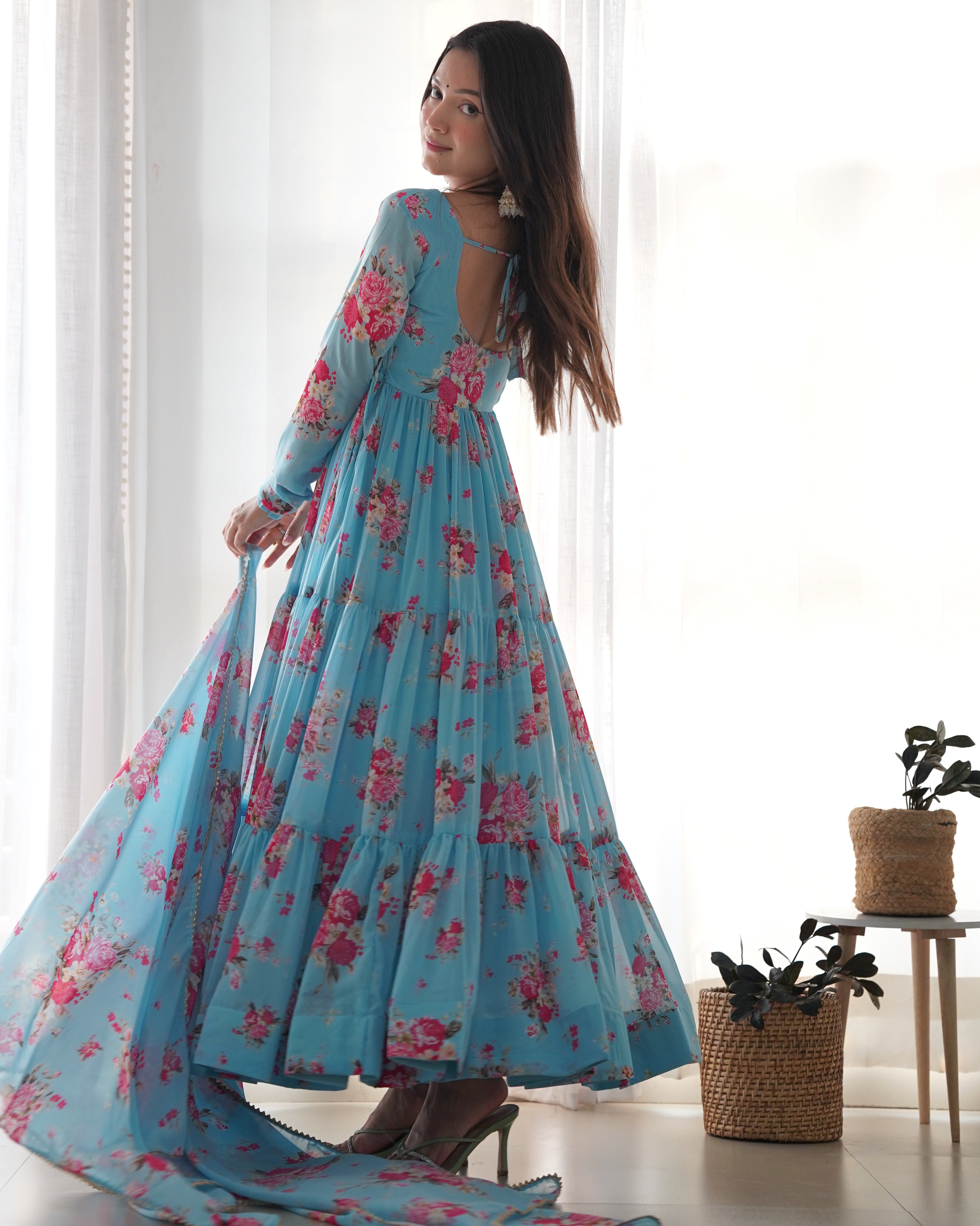 PURE SOFT SKY BLUE FOX GEORGETTE  ANARKALI SUIT SET WITH DUPPTA SET