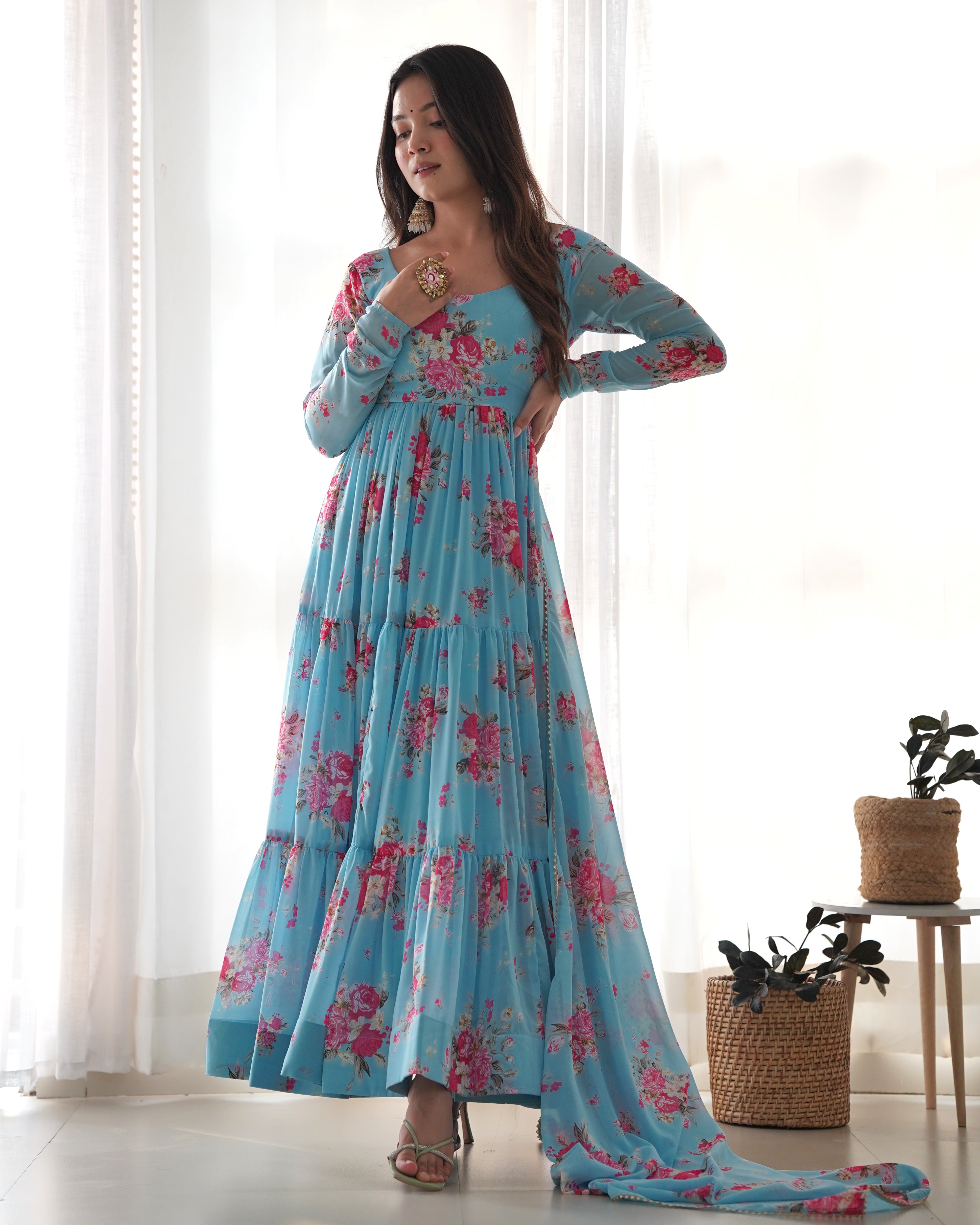 PURE SOFT SKY BLUE FOX GEORGETTE  ANARKALI SUIT SET WITH DUPPTA SET