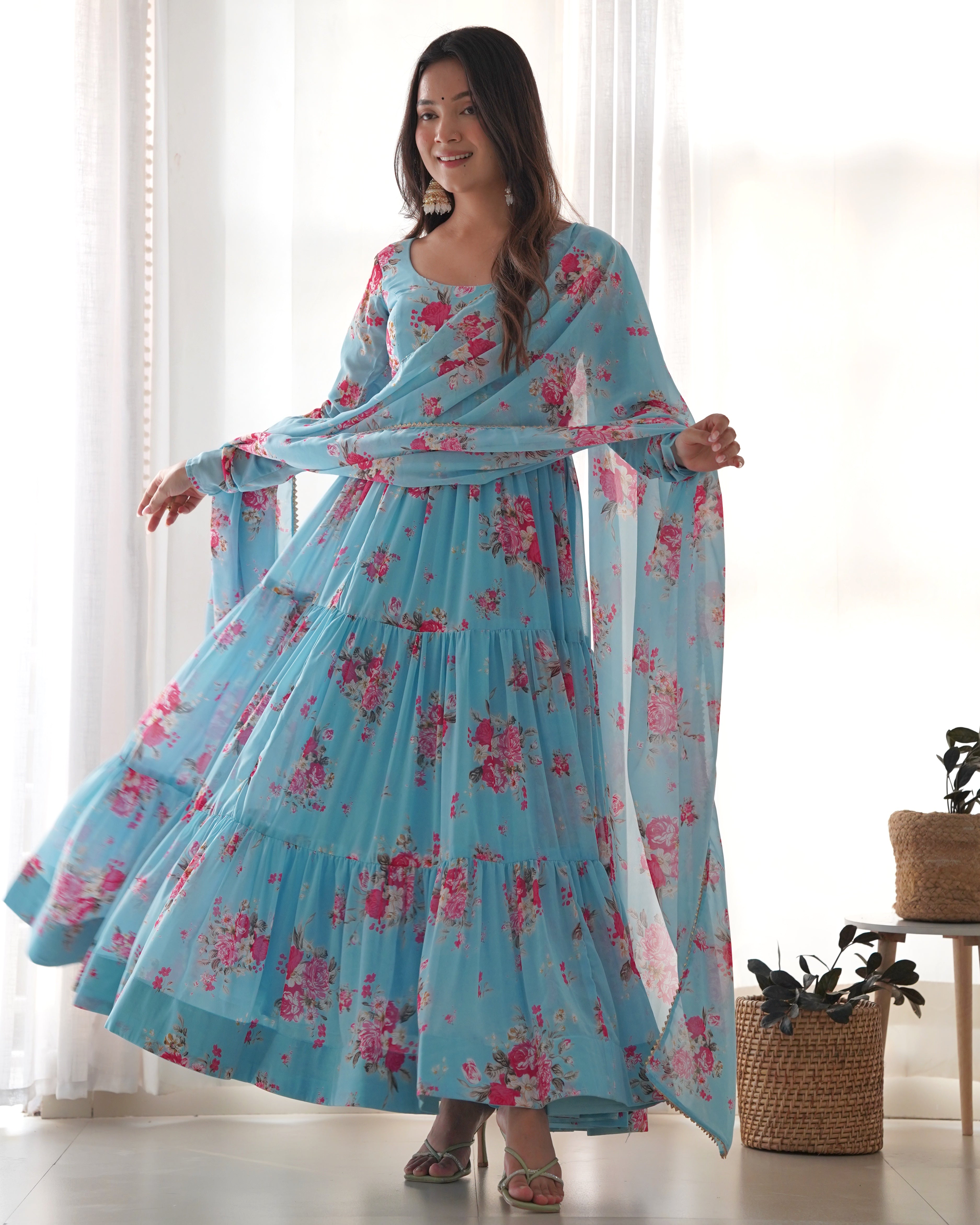 PURE SOFT SKY BLUE FOX GEORGETTE  ANARKALI SUIT SET WITH DUPPTA SET