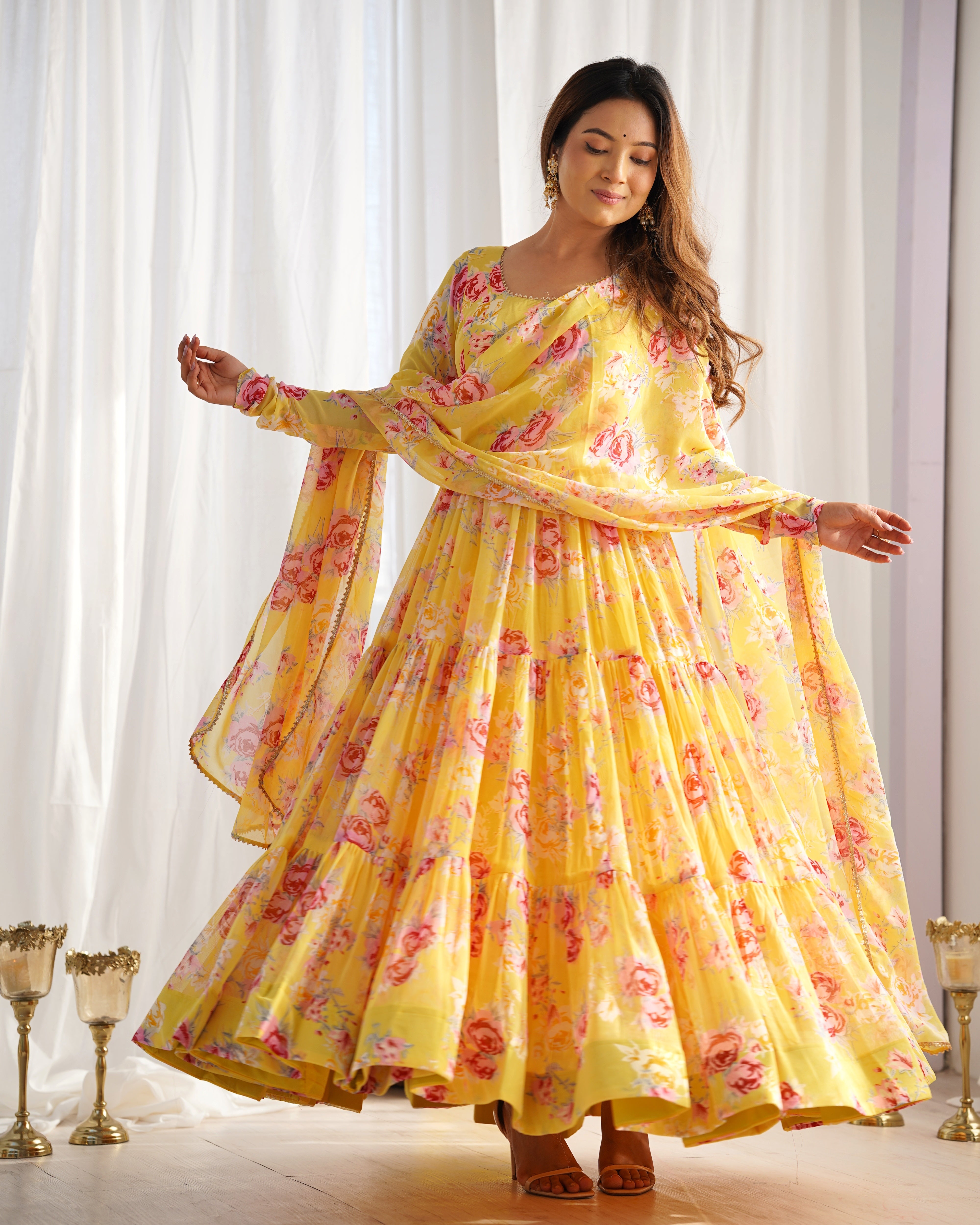 PURE SOFT YELLOW FOX GEORGETTE  ANARKALI SUIT SET WITH DUPPTA SET