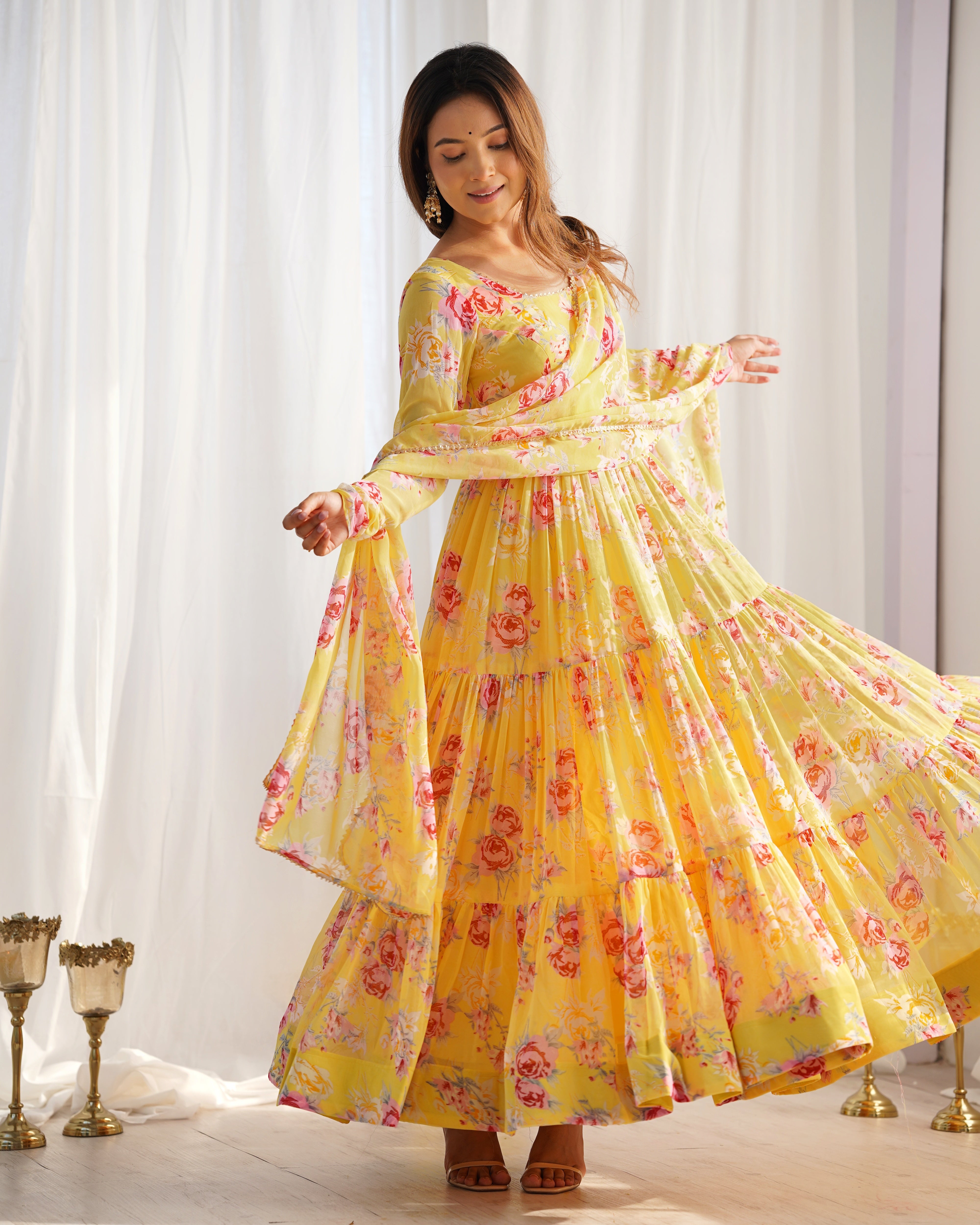 PURE SOFT YELLOW FOX GEORGETTE  ANARKALI SUIT SET WITH DUPPTA SET