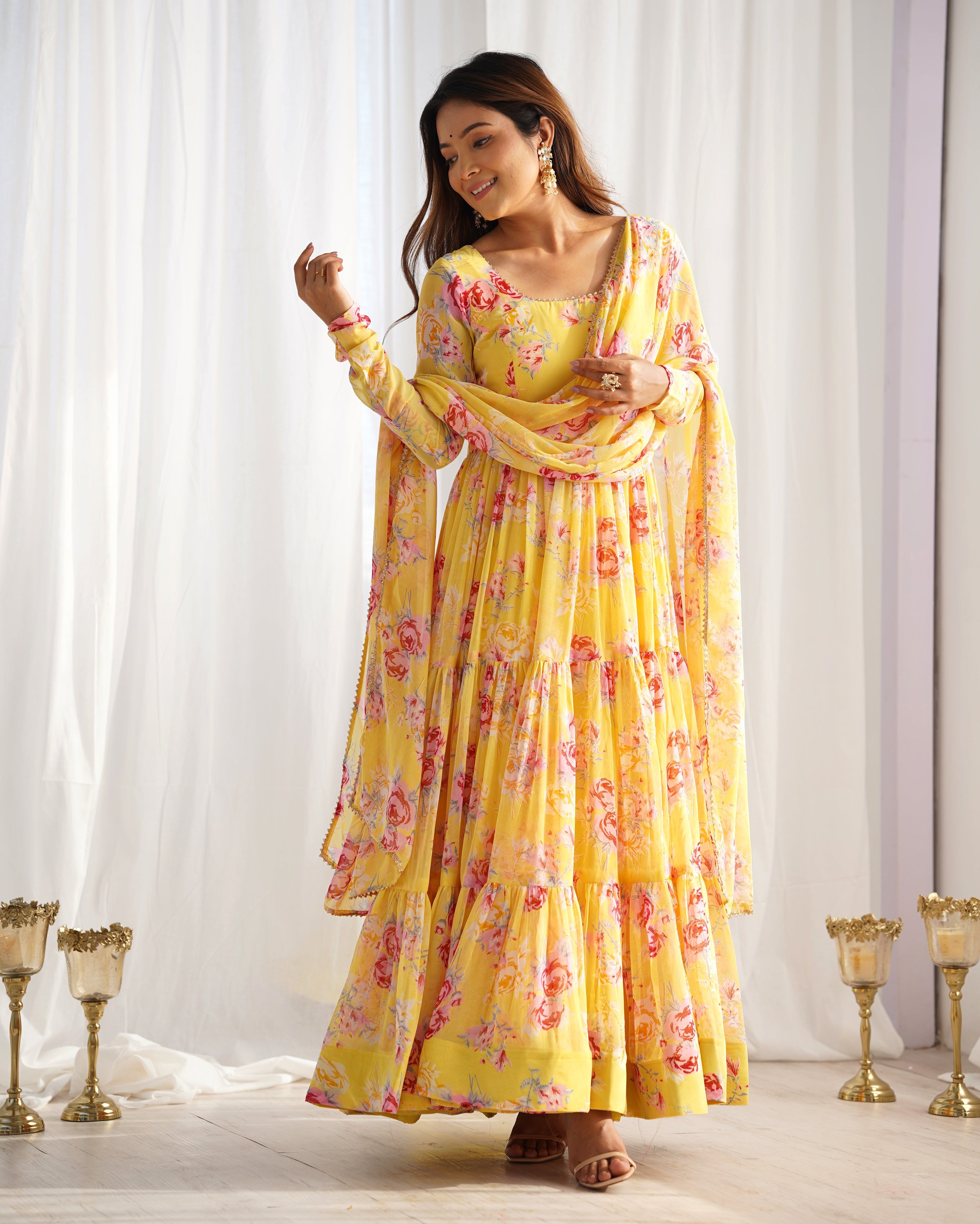 PURE SOFT YELLOW FOX GEORGETTE  ANARKALI SUIT SET WITH DUPPTA SET