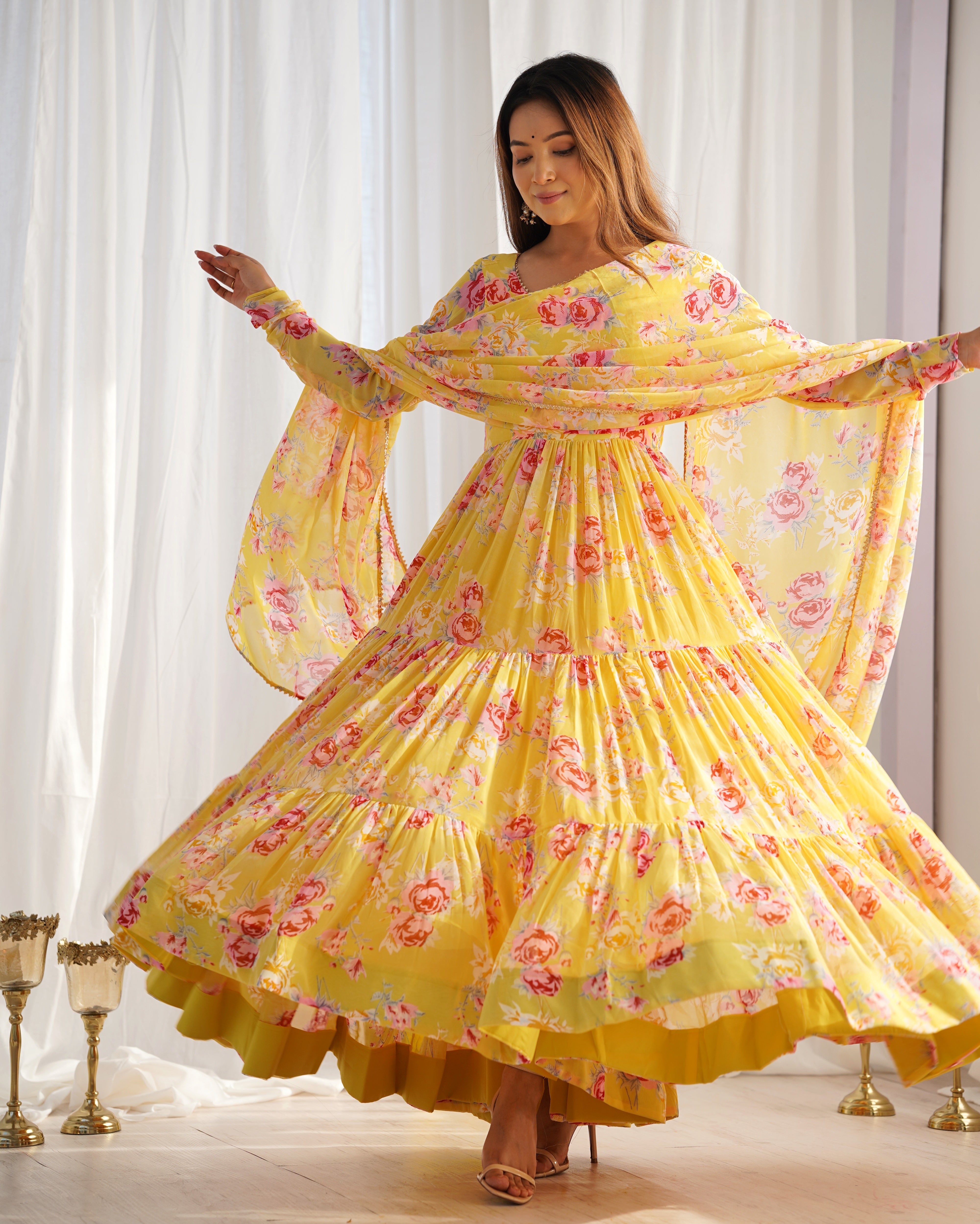 PURE SOFT YELLOW FOX GEORGETTE  ANARKALI SUIT SET WITH DUPPTA SET